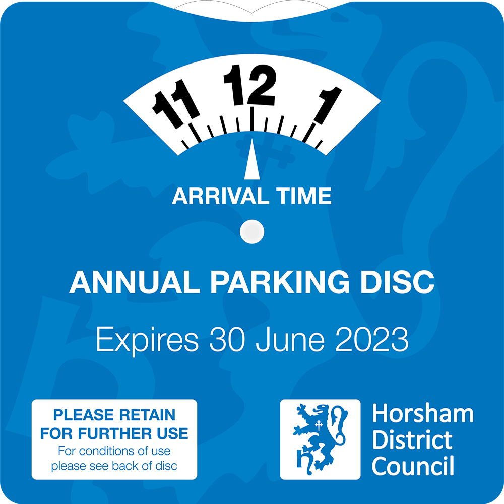 The Annual Parking Disc for 2022-2023 is a blue square with a clock on it. Simply set the clock to the time you arrive in the car park and put it on your dashboard.