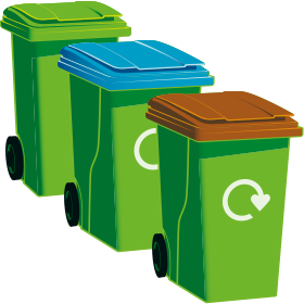 A green-top bin, a blue-top bin and a garden waste bin