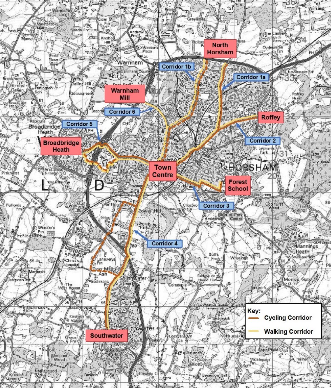 A map of the seven corridor routes being considered