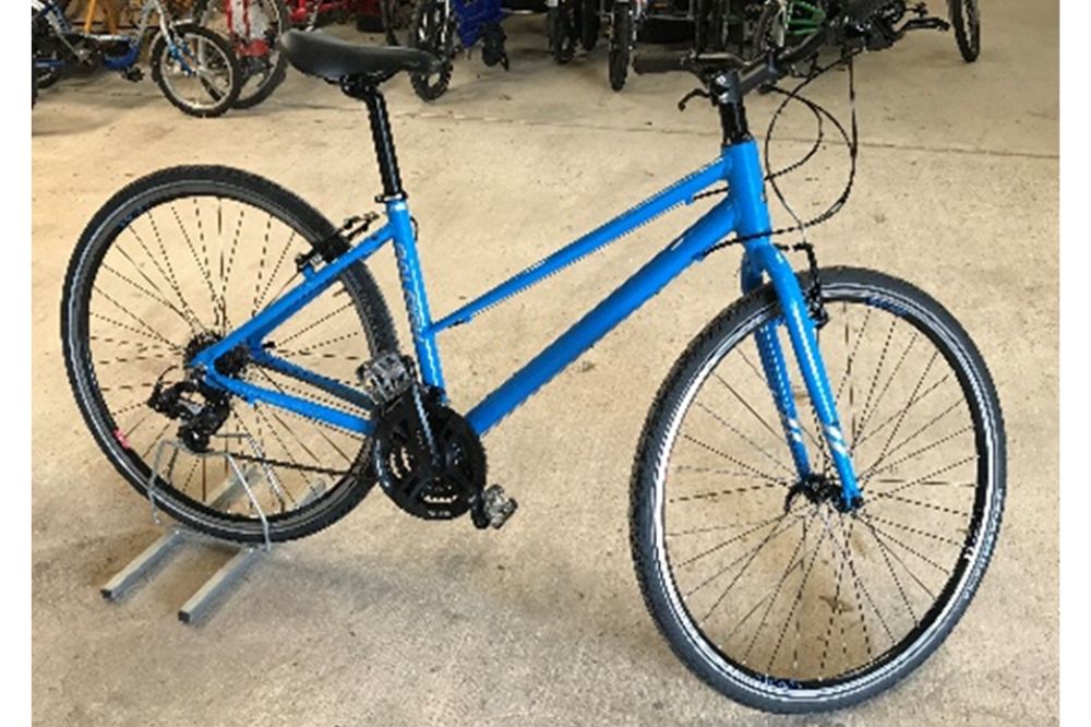 A Raleigh blue step-through bike. A step-through bike has no top bar so can be easier to mount and dismount.