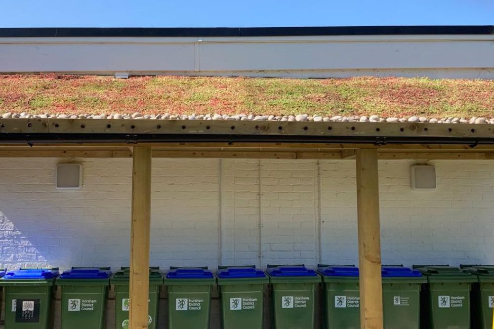 A picture of the finished green roof recycling hub located at Rudgwick playing fields