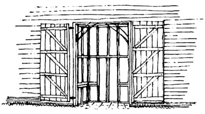 Double doors folded open against the barn building