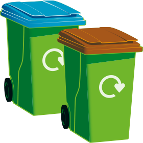 A blue-top bin and a garden waste bin