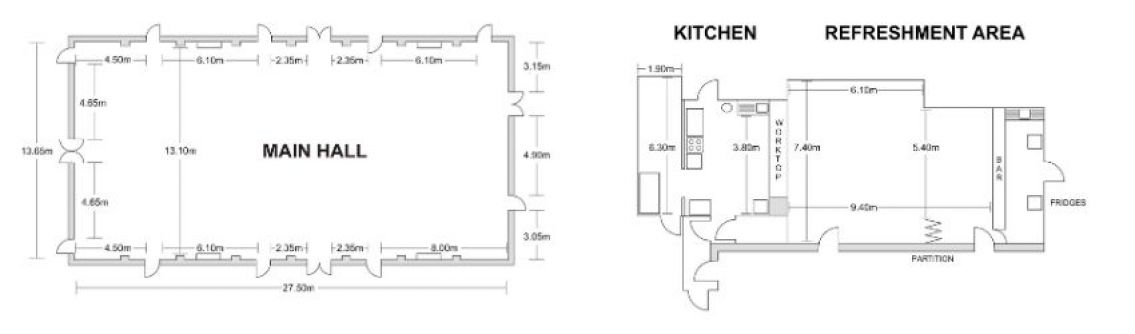 Floor plans of the Main Hall and kitchen area