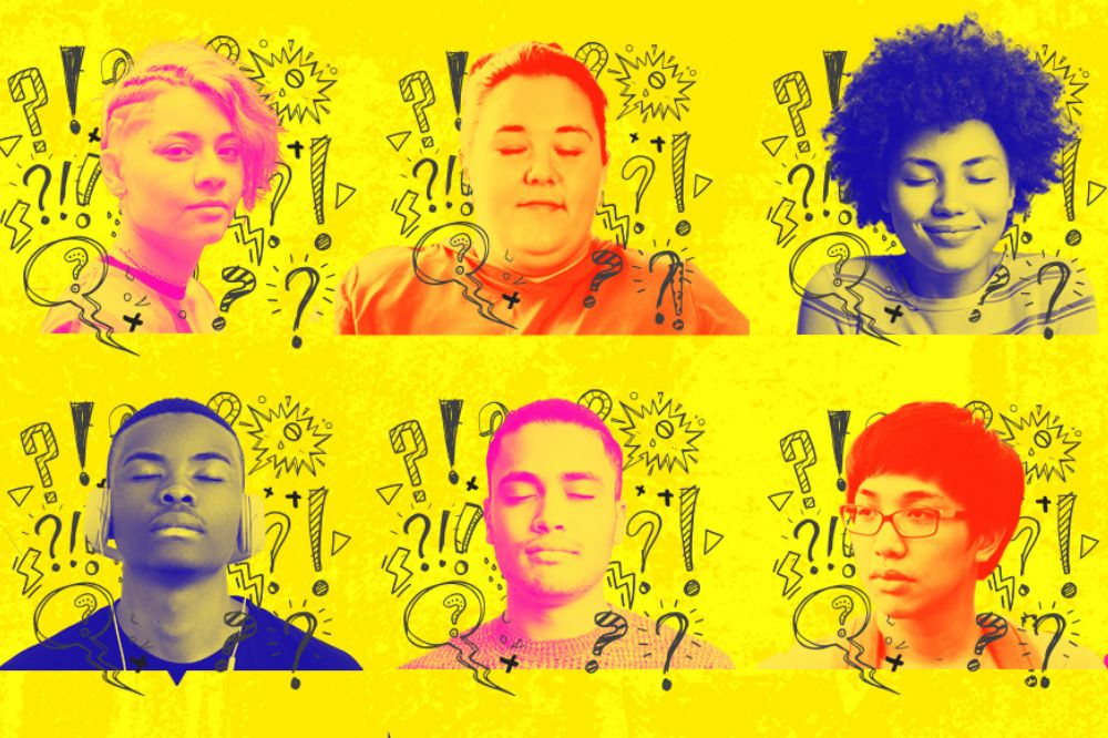 Six young people with their eyes closed taking a breath
