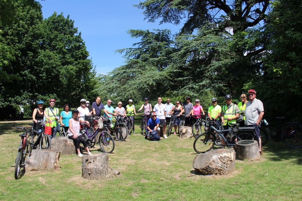 •	Cyclists at the start of the Shelley Bike Ride at Poets' Corner, Horsham Park 