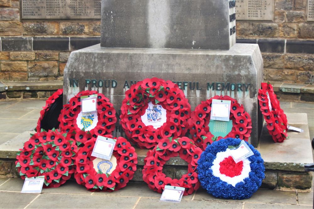 Poppy wreaths at the war memorial