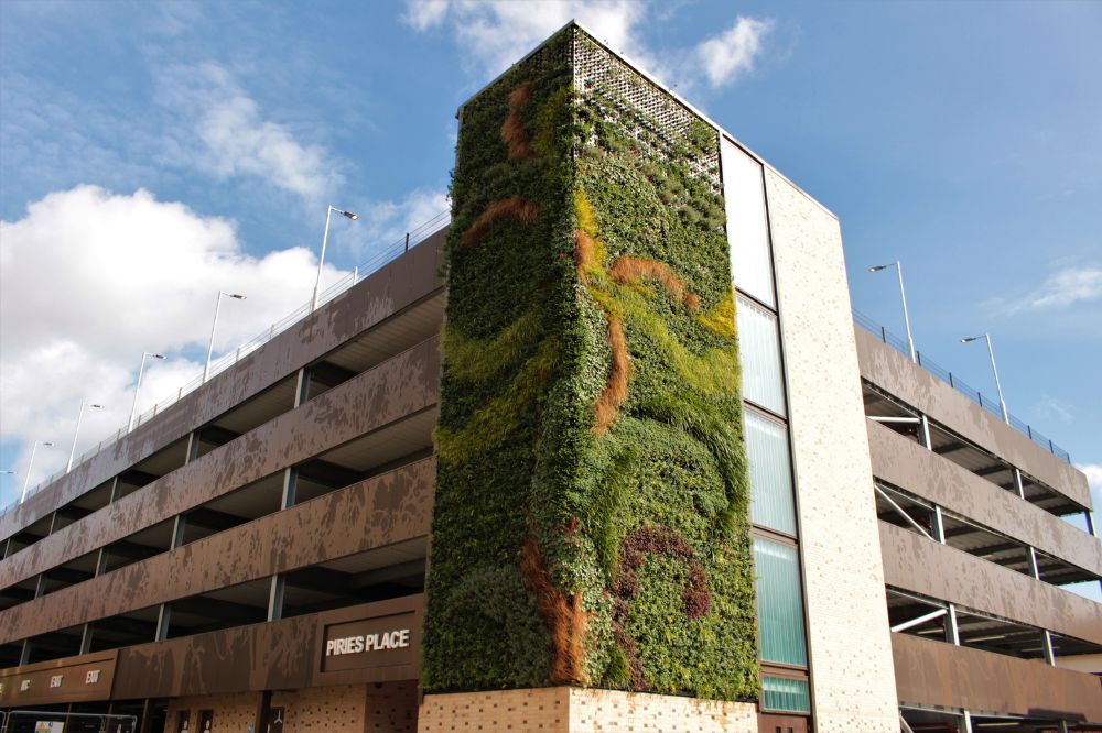 Piries Place is a multi-storey car park with a vibrant living wall on one corner