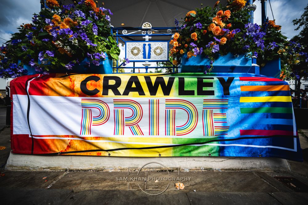 Crawley pride sign at Carfax bandstand Crawley pride sign at Carfax bandstand
