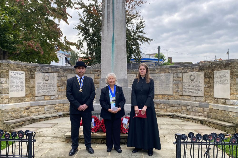 Horsham District Council Chairman Cllr Kate Rowbottom with Revd Canon Lisa Barnett, Zal Rustom Chairman of the Horsham Branch of the Royal British Legion paying their respects at Horsham's Battle of Britain commemoration