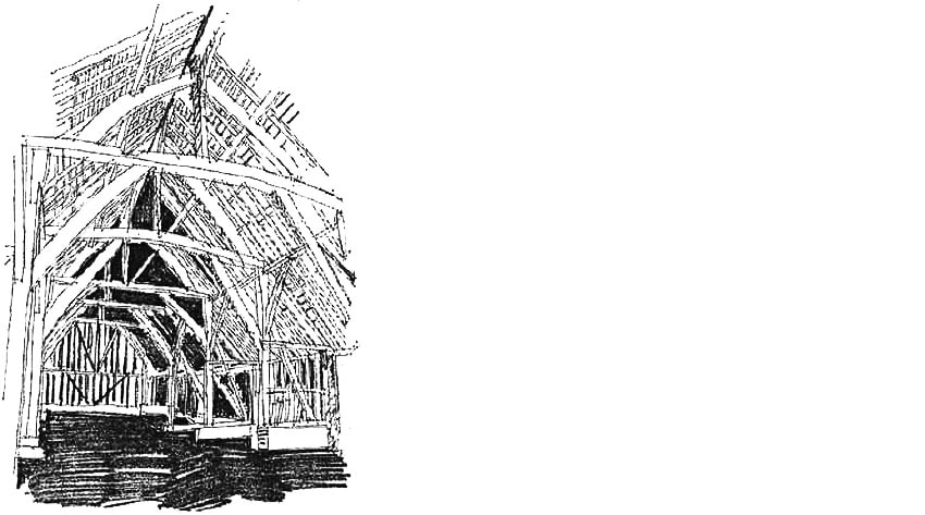 A pencil sketch of the interior of a barn