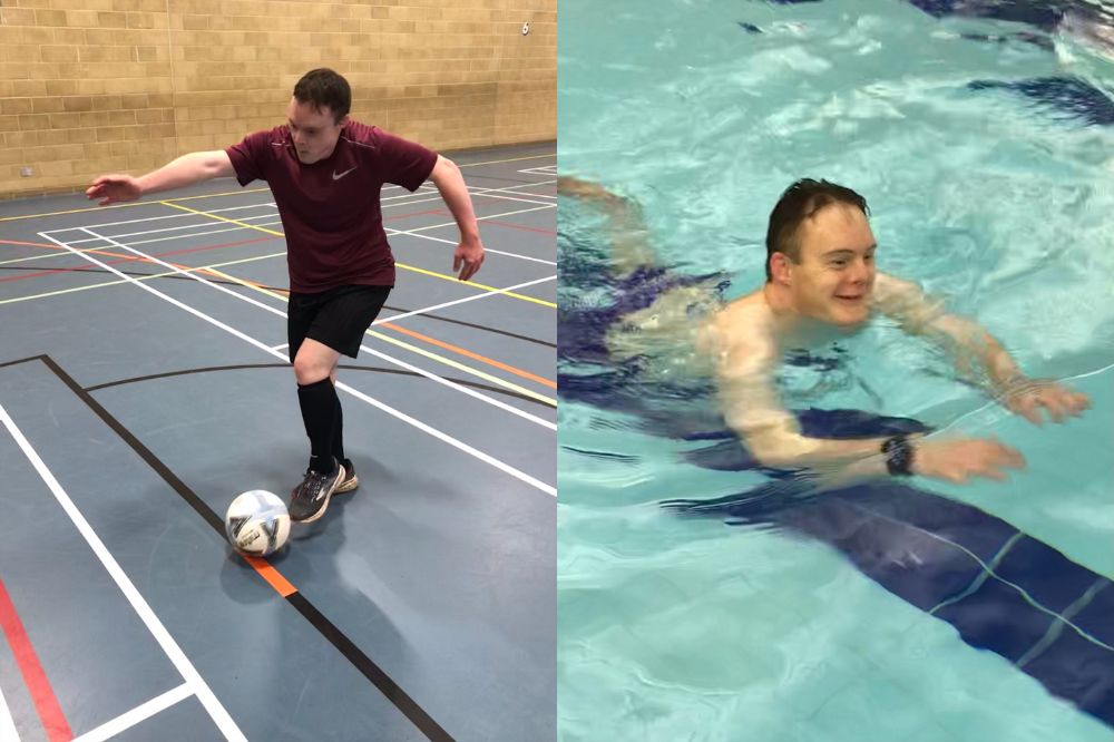 Joe playing football and swimming. Joe is smiliing in both shots