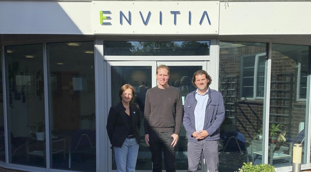 Horsham District Council Cabinet Member for Climate Action and Nature Recovery Cllr Colette Blackburn with Envitia CEO Dom Eade and Head of Enterprise at the Council Rob Leet