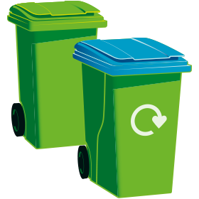 Green-top general waste bin and blue-top recycling bin