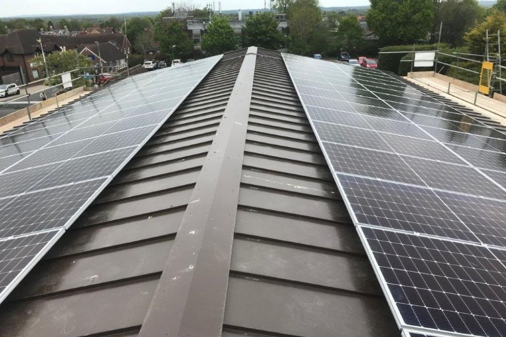 An aerial photograph of Henfield Hall that shows the newly installed solar panels