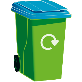 A graphic of a green wheelie bin with a blue lid