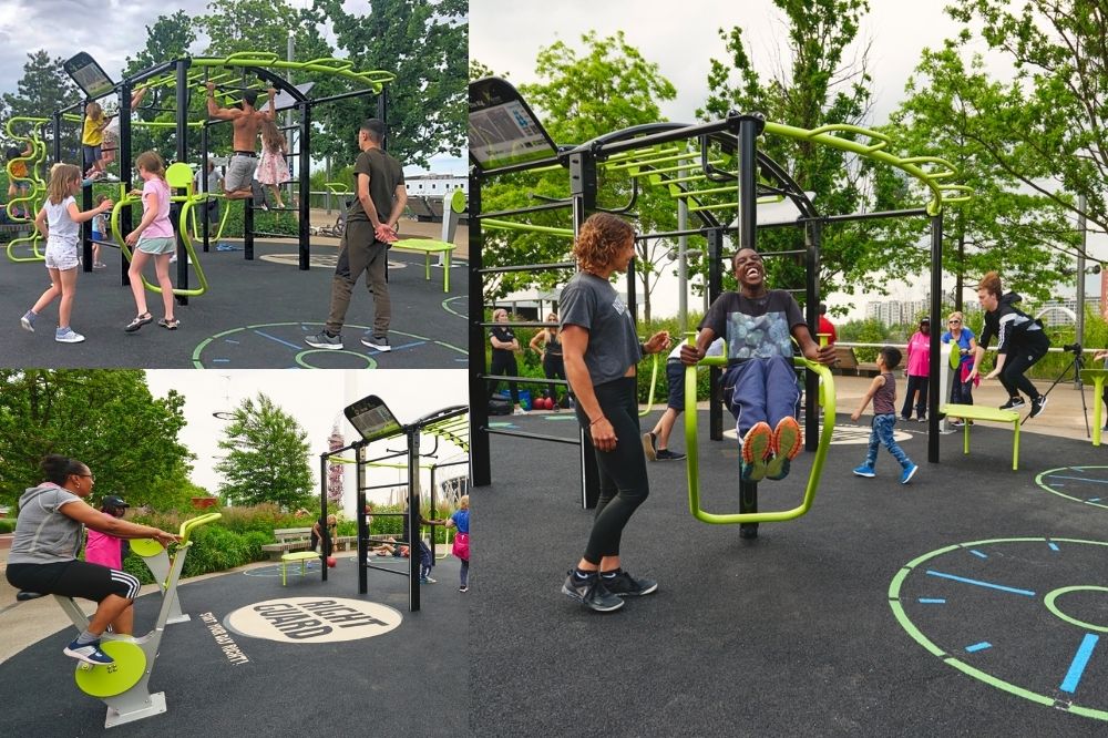 Three pictures of outdoor gym equipment, including static bikes and high bars