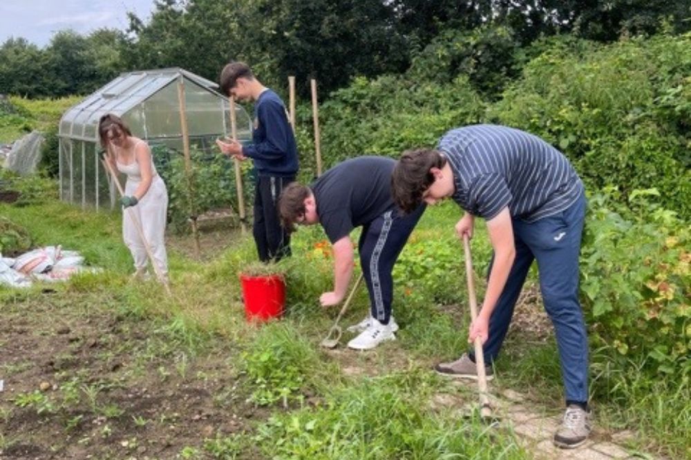 Four young people complete gardening activities in the community garden.