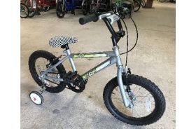 A silver BMX bike with stabilisers and adjustable saddle