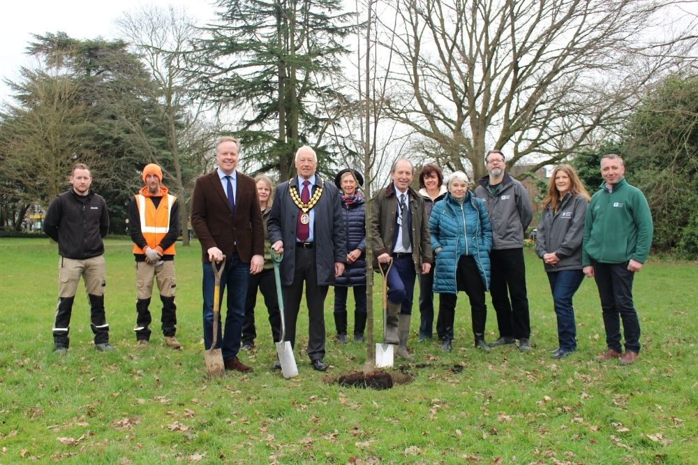 Queens Green Canopy tree is planted for the jubilee by Cllr Christian Mitchell HDC Chairman Cllr David Skipp and Cllr Roger Noel in Horsham Park