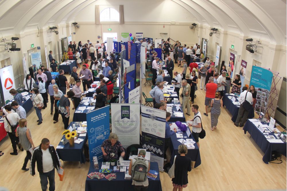 An overhead shot of the Jobs and Skills Fair at Drill Hall Horsham