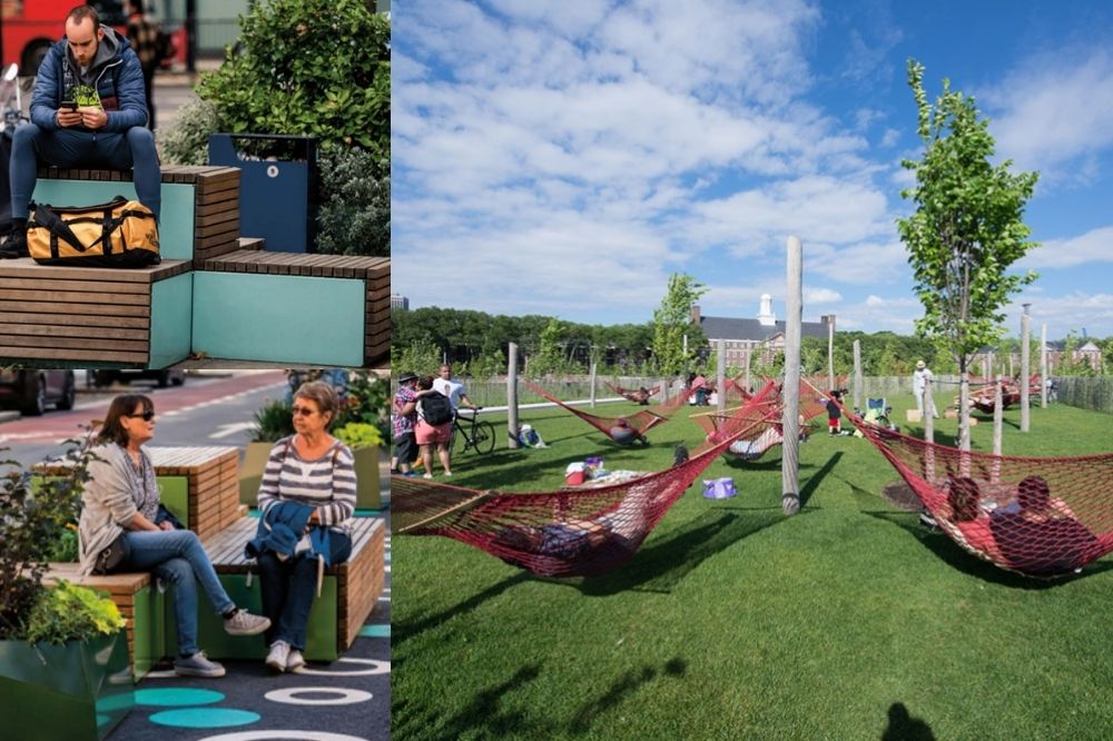 People sitting on wooden blocks and a park with hammocks strung up for comfortable relaxing