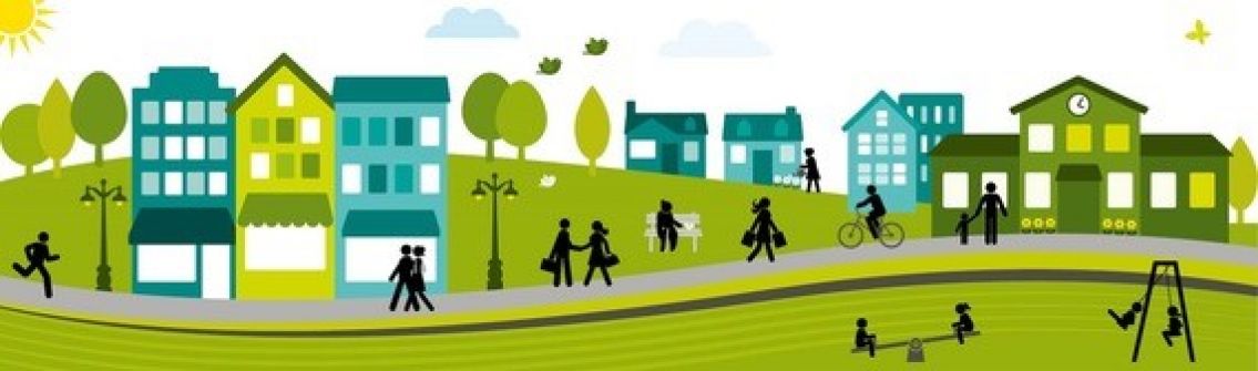 Townscape with buildings, people and trees