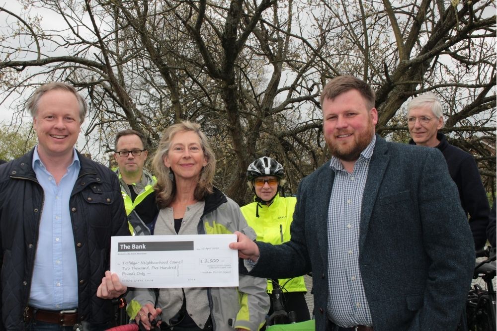 •	Cllr Christian Mitchell and Cllr James Wright present Community Climate Funds to Chair of Trafalgar Neighbourhood Council Morag Warrack