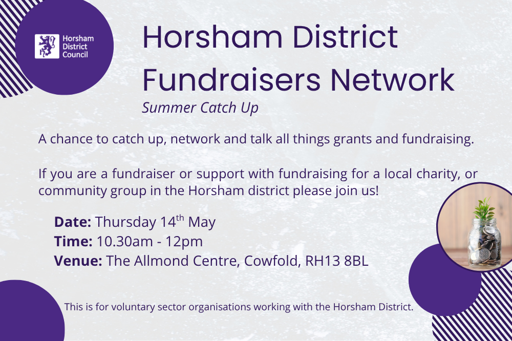 Horsham District Fundraisers' Network (Summer Catch Up). Thursday 14th May 10.30-12pm