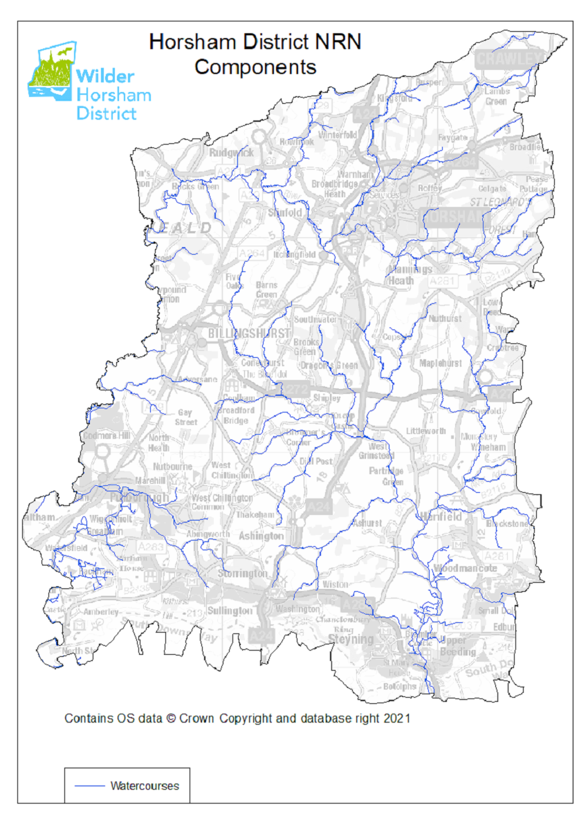 A map of watercourses in Horsham District. This data has been provided by the Environment Agency.