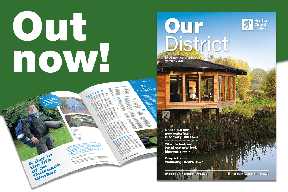 The cover of Our District magazine with the words Out now next to it