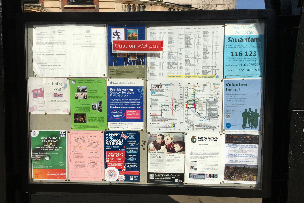 Photo of community noticeboard in the Carfax Horsham