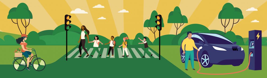 A group of children crossing a pedestrian crossing, a person charging an electric car and a person on a bike