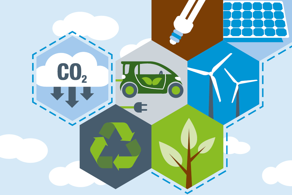 A selection of carbon neutral initiatives: an electric car, recycling symbol, a cloud with CO2 arrows, a lightbulb, wind turbines and solar panels