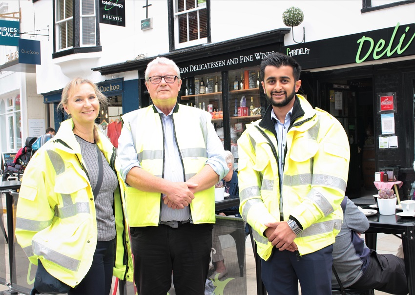 Covid-19 Information Officers Trudy Elkin, Ian Dewar and Dhruv Amin patrolling Horsham