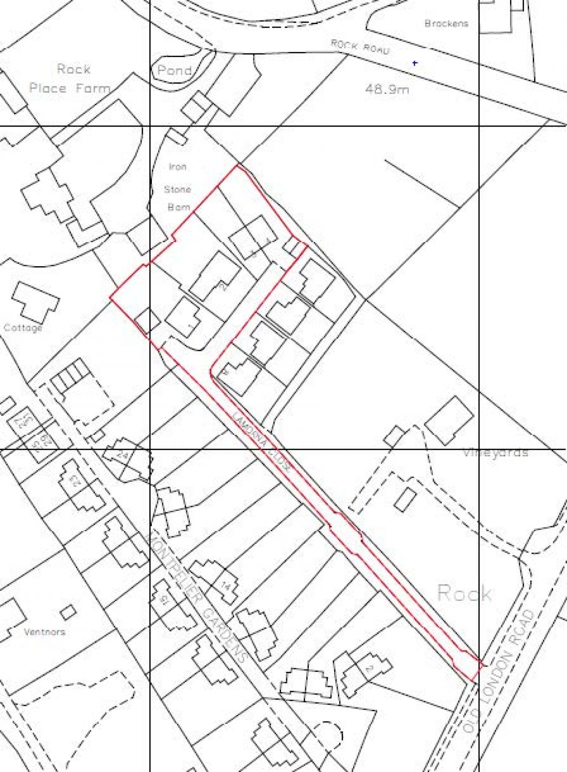 A red outline is drawn around the proposed location for development