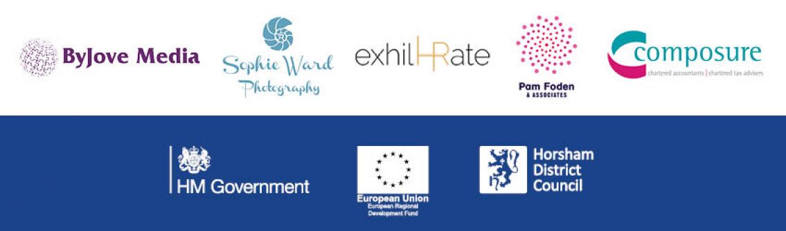 ByJove Media, RISE, Sophie Ward Photography, World of Faz, Pop Up Horsham, HM Government, European Union Regional Development Fund, Horsham District Council logos