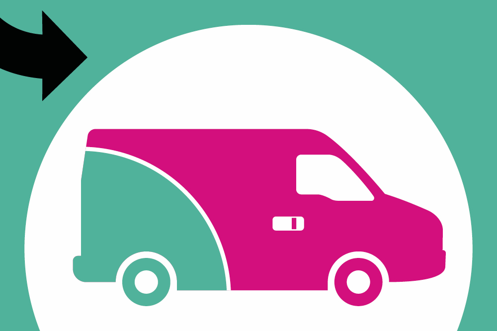 A graphic of a collection van in pink and turquoise
