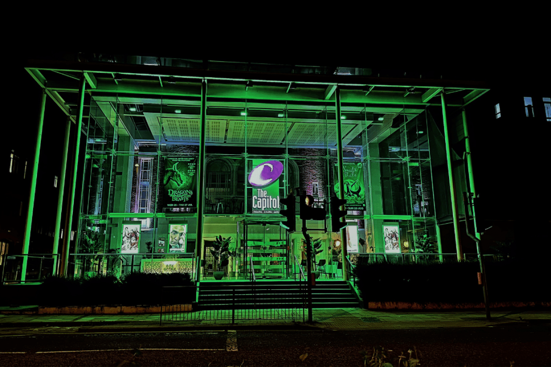 : Horsham's Capitol lit up green last night to celebrate Horsham Park's Green Flag award.